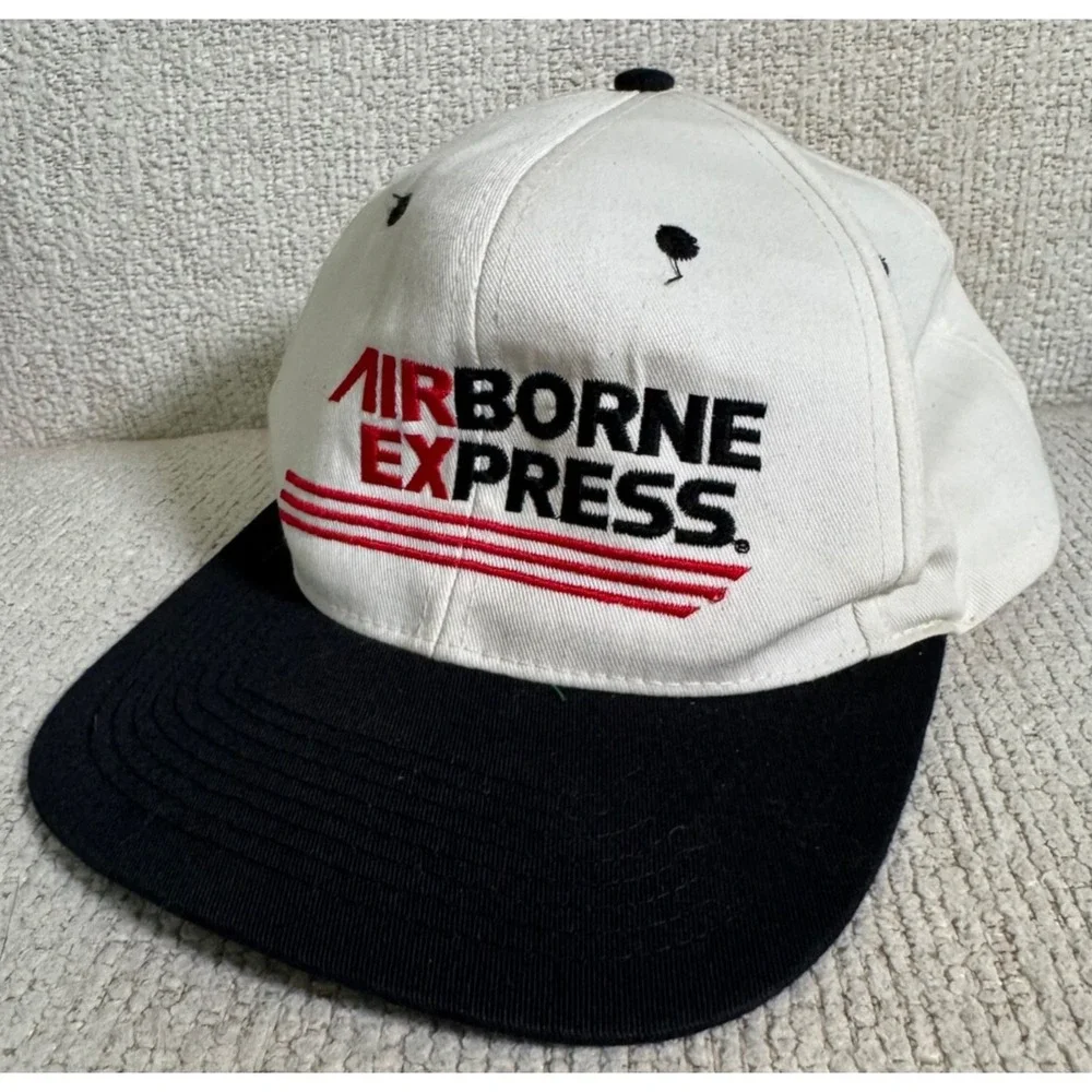 Vintage 1980s‎ AIRBORNE EXPRESS Adjustable Trucker Hat White Cotton Black Bill